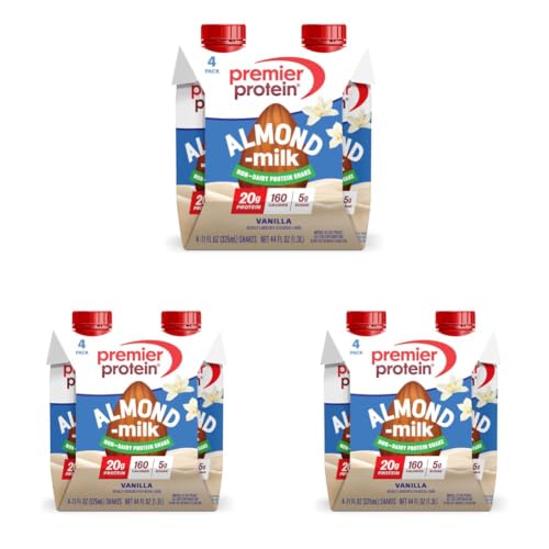 Image of Premier Protein Non-Dairy Plant Based Almondmilk Protein Shake, Vanilla, 20g Protein, 5g Sugar, 11 fl oz, 12 Pack