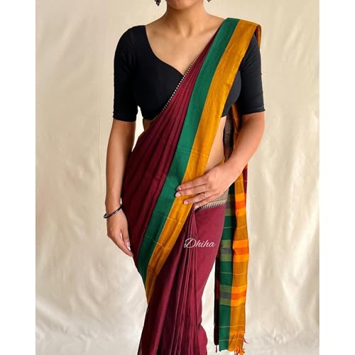 Image of Narayanpet Pure Cotton Avani Border Saree for Women with Running Blouse | Tassels | Traditional Woven Solid Design | Handloom Weave