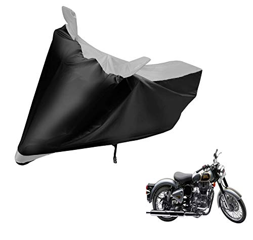 Image of Auto Hub Bike Cover Compatible with RE Classic 350 with Mirror Pocket, Dustproof, Heat Resistant, Triple Stitched, Classic 350 Bike Cover- Black, Silver