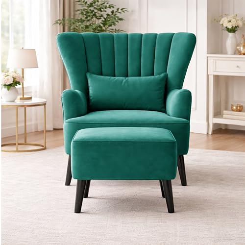 Image of Modern Velvet Wingback Accent Chair with Ottoman & Cushion for Living Room | Premium Upholstered Lounge Chair with Footrest |Green