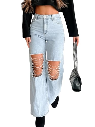 Womens Rhinestones Pearl Jeans Ripped Distressed Wide Leg Jean High Waisted Straight Denim Pants