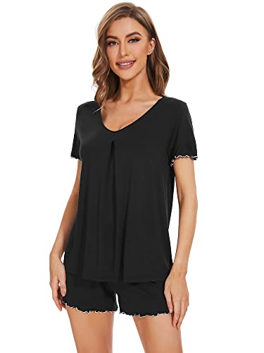 Image of WiWi Womens Pajamas Set Bamboo Viscose Super Soft Short Sleeve Top Ruffle Shorts Sleepwear Cooling Pj Sets S-XXL