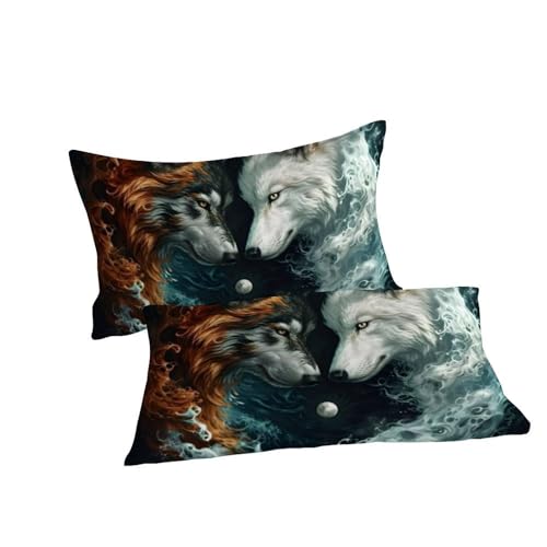 Housse de couette loup fermeture éclair microfibre imprimé 3D glace et feu King