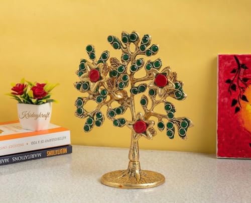 Image of Metal Kalpavriksha Tree for Home Decor - Golden Wish Fulfilling Tree Metal Showpiece for Temple, Vastu, Office Table & Gifting Banyan (No 1 Golden with Stone)