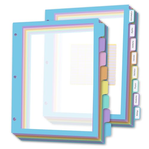16Pcs/2 Set 8 Tab Dividers Clear Plastic Binder Dividers with Tabs for 3 Ring Binder Letter Size Multicolor
