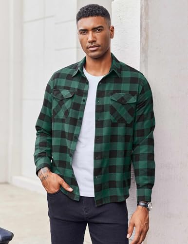 COOFANDY Men's Cotton Flannel Shirts Long Sleeve Button Down Casual Wear for Hiking Camping Green - Image 3