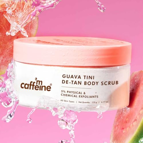 Image of mCaffeine Dual Action Guava De-Tan Body Scrub with 5% Natural & Chemical Exfoliants | Glycolic, Lactic & Salicylic Acid | Reduces Tan & Brightens Skin | Fruity, Guava Fragrance - 175g