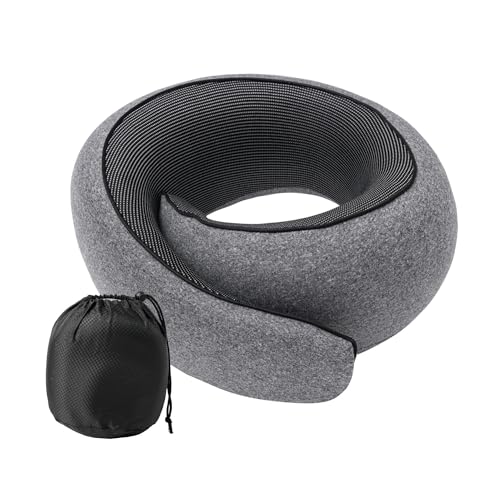 Memory Foam Travel Neck Pillow for Airplane, Ergonomic U-Shape 360° Neck Support for Sleeping & Neck Pain Relief, Breathable Cotton Cover, Adjustable Fit (Gray)