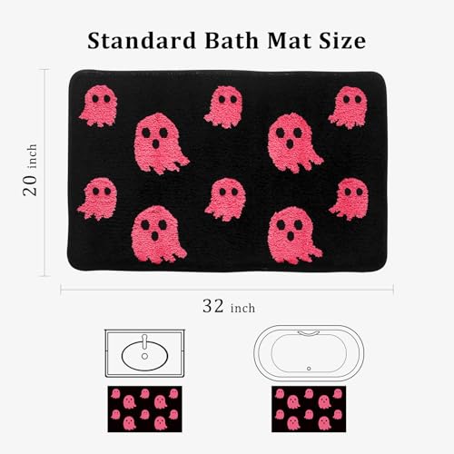 Black Halloween Bath Mat – Cute Ghost Decor Mat Non-Slip Black Bathroom Rug Soft Spooky Bath Rug for Shower, Bedroom, Living Room