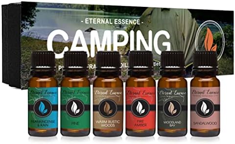 Camping - Gift Set of 6 Premium Fragrance Oils - Warm Rustic Woods, Fire Amber, Pine, Sandalowood, Frankincense & Rain and Woodland Bay - 10ML