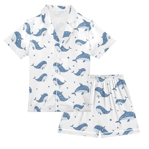ALAZA Whale Fish Polka Dot White Satin Pajamas Set Short Sleeve Button Down Sleepwear Summer Pjs 2 Piece
