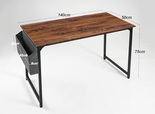 CubiCubi Computer Desk with Bag, 140 x 50 cm Office Desk Study Writing Table for Home Office, Modern Simple Style, Black Metal Frame, Rustic Brown - Image 2