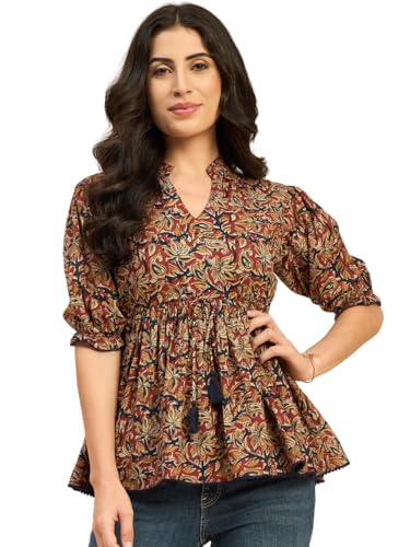 Image of Azira Cotton Printed Mandarin Collar | Blue Color | Casual Top | Woman Top| Tops for Woman | Stylish Summer Wear