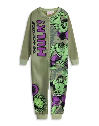 Marvel The Incredible Hulk Boys Green Onesie | Long Sleeve Zip-Up Microfleece Sleepwear & Loungewear | Comic Character Nightwear with 'THE INCREDIBLE HULK!' Print Merch - 5-6 Years