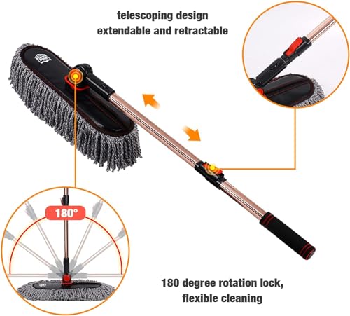 Image of Exterior Car Duster & Brush Kit - Washable Microfiber | Extendable auto mop sweeps pollen scratch-free. Combo with inside detailing tools. Reusable for SUV, truck, RV & home use.