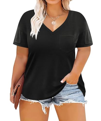 Image of TIYOMI Plus Size Tops for Women V Neck Tshirts Basic Tunic Casual Hawaii Floral Tie Dye Camo Summer Short Sleeve Tee XL-5XL