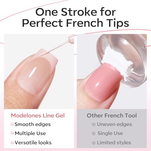 Image of modelones Pink French Tip Liner Gel Polish 15ml Built-in Fine Brush | Baby Pink Nail Art Gel Paint Swirl Fine Line Design Beginner Friendly Long Lasting Soak Off U V Cure DIY Soft Salon Manicure