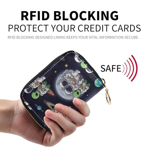 Cute Card Holder Wallets RFID Blocking Women's Wallet Leather Small Travel Cash Wallet with Coin Pocket Astronauts Green Aliens Starry2