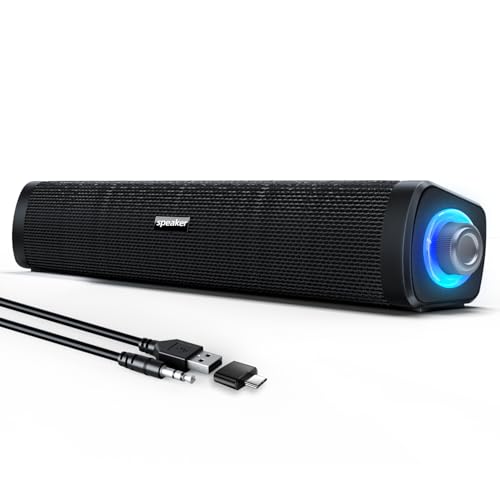 Uakinat USB Computer Speakers,Computer Speakers with 3.5 mm aux,Wired USB Powered & Colorful LED Lights with Switch Button,Surround Sound Portable SoundBar for Monitor Laptop Phone(Black)
