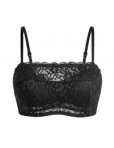 Showyoo Lace Bra with Detachable Straps Womens Tube Top Bandeau Underwire No Slip Silicone Grip Everyday Bra Lingerie Black