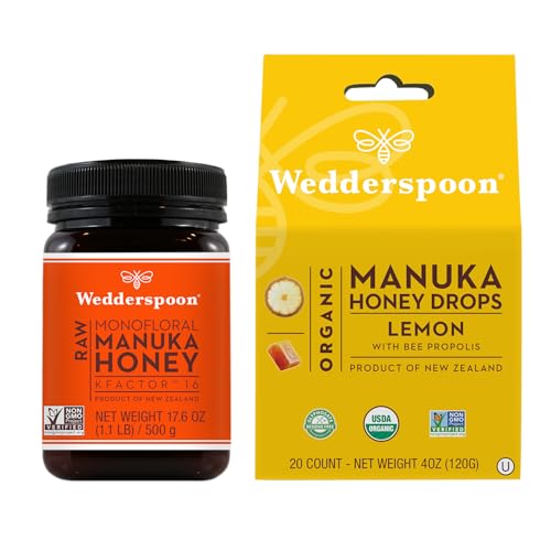 Wedderspoon Raw Premium Manuka Honey KFactor 16+ & Wedderspoon Organic Manuka Honey Drops, Lemon + Bee Propolis, Unpasteurized, Perfect Remedy For Dry Throats