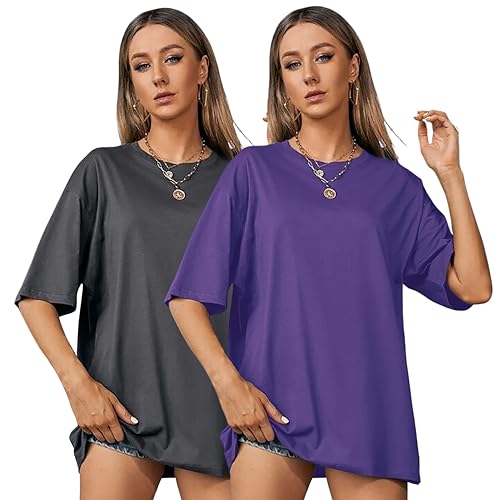 Image of London Hills Women's Cotton Loose Casual Round Neck Solid, Drop Shoulder T-Shirt Pack of 2