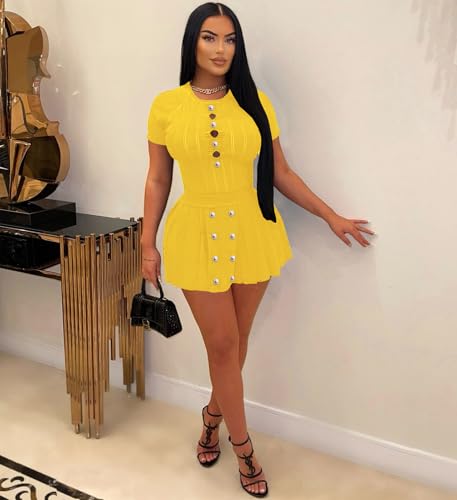 Image of Two Piece Outfits for Women Summer Going Out Knit Crop Tops Pleated Mini Skirt Sets Short Sleeve Mini Dress
