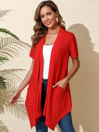 Image of Women's Lightweight Open Front Cardigans Short Sleeve Casual Soft Sheer Cardigan S-2XL with Pockets