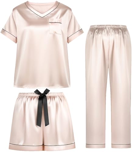 Image of 3 Piece Silk Satin Pajama Set for Women Soft Button Down Pjs