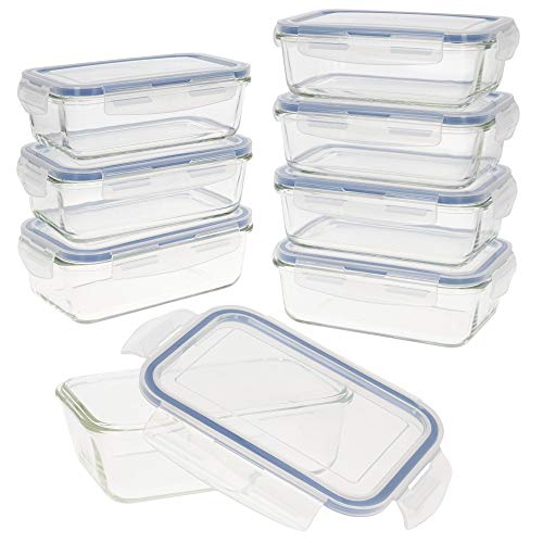 Aktive - Pack 8 Recipientes Herméticos de Vidrio, Tupper Cristal Apto para Microondas, Envases para Comida con Cierre, 800 mililitros, Tapas Rectangulares, transparentes, Contenedor de Alimentos