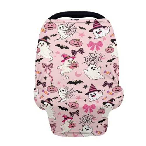Image of Wanyint Infant Car Seat Cover Baby Carseat Scarf Stretchy Nursing Scarf Car Seat Canopy Breathable Nursing Cover for Boys Girls Halloween Decor, Cute Ghost Witch Bow Pink