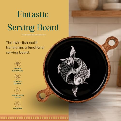 Image of Fintastic Serving Board with Enamel Finish | Handcrafted Wooden Serving & Charcuterie Board with Fish Design for Appetizers & Desserts | Food Safe