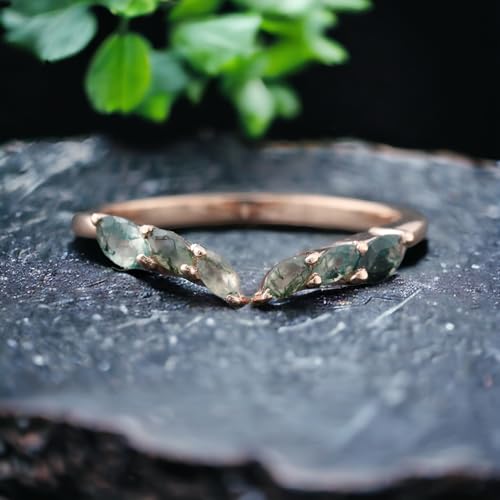 Generic Marquise cut Moss agate Wedding Band Unique Rose gold Moss Agate Curved Wedding Band Vintage Art deco Bridal Open Stacking ring Promise ring BY COSMICJEWELCRAFTS, Green, CO-SM-10102
