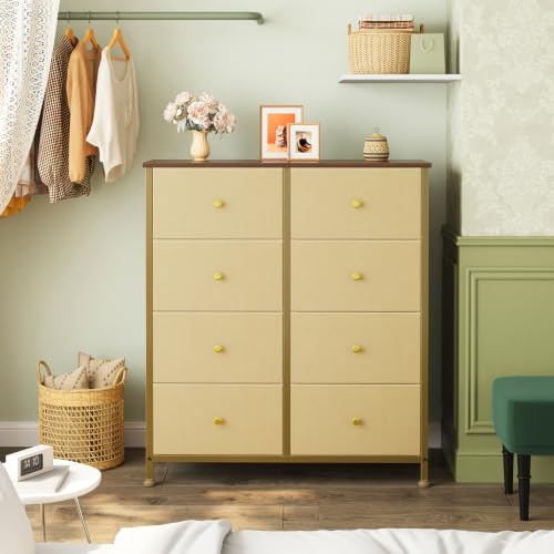 Image of OLIXIS 8 Drawer Storage Dresser for Bedroom, Closet Organizers Units, Khaki | Fabric Dresser with Wooden Top, Chest of Drawers Clothes Storage, Tower Cabinet, TV Stand Furniture