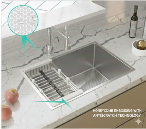 Image of HAPPY HOMES 304 Stainless Steel Kitchen Sink (24X18X10 Inch) Heavy Duty with HONEYCOMB ANTISCRATCH Design Matte Finish with Nanocoated Undercoating |Square Coupling and Metal Fruit Basket