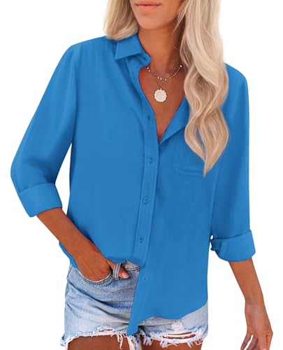 siliteelon Button Down Shirts for Women Dress Shirts Long Sleeve Wrinkle Free Work Office Fitted Blouse Tops with Pocket Cobalt Blue