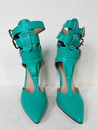 Frankie Hsu Handmade Stiletto High Heeled Pumps, Turquoise Teal Green Silver Buckle Rivet Ankle Strap Big Large Size US5-14 Shoes for Women Men2