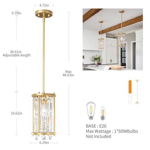 Image of LMQNINE Modern Gold Pendant Lights Kitchen Island, Crystal Chandelier Lights Fixture, Elegant Adjustable Pendant Lighting for Dining Room Bedroom (Round 1-Light)
