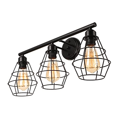 BAYCHEER Vanity Lighting Fixtures Industrial Tapered Shade Wall Light 3 Lights Farmhouse Style Vintage Makeup Light for Bathroom, Dressing Room, Bedroom Black