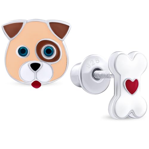 925 Sterling Silver Puppy & Bone Stud Earrings for Girls Hypoallergenic Safety Screw Back Rhodium Plated - Puppy & Bone Gifts Earrings for Baby Toddlers Little Teens Kids Jewelry