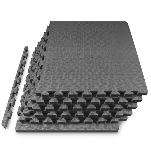 Image of ProsourceFit Exercise Puzzle Mat 1-inch, Checkered EVA Foam Floor Tiles w /Non-Slip Texture, Interlocking Design for Adjustable Gym Surfaces, Shock Absorbing, Grey, 24 SQ FT - 6 Tiles