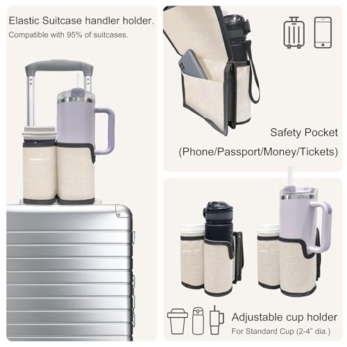 2 in 1 Luggage Cup Holder for Suitcase|Airplane Tray Table Carry on Hands Free Drink Carrier for Stanley Tumblers Coffee Beverage Organizer Gifts for Travelers(Off-White)3