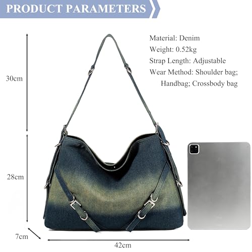 Image of Designer Denim Handbags for Women Hobo Tote Bag Crossbody Denim Purses Blue Jean Shoulder Bag