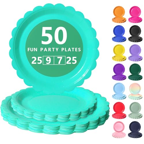 Nkaiso Assiette Jetable Festonnées, 50 Pièces Turquoise Vaisselle en carton - 25 Assiettes Plateaux 23cm & 25 Assiettes Dessert 18cm - Pour Mariage,...