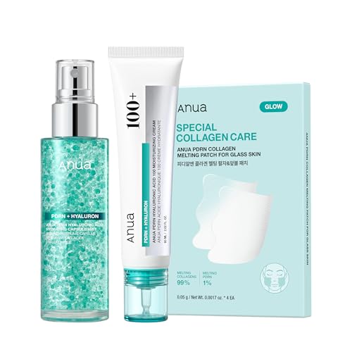 Image of Anua PDRN Collagen Glass Skin Trio, PDRN Salmon DNA Serum Spray, Collagen Patch Facial Fine Line & Cream, Complete Glow Routine, Face Mist with Special Patch Duo, Korean Skincare Set