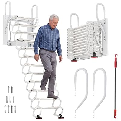 HESMAX 12 Steps Attic Stairs, Wall Mounted Attic Ladder Pull Down System, Heavy Duty Folding Loft Stairs,Compact Telescopic Staircase for Attic Closet & Household Regular Storage Use