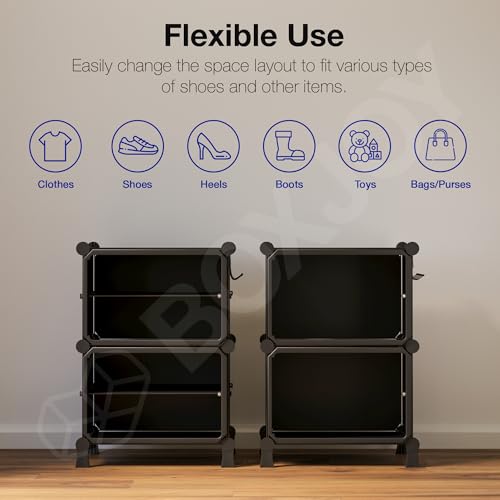 Image of BOXJOY 4 Shelf Black Shoe Rack for Home with 2 Brown Doors, Hard PET Plastic with Metal Door Frame, Shoe Chappal Slipper Sandals Stand