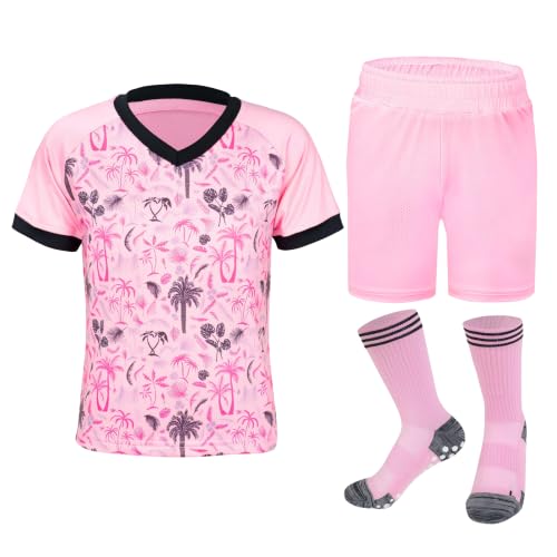 MUDJEAN Girls Soccer Outfits for Kids Soccer Jersey Set Youth Shirts and Shorts Practice Pink 11-12 Years