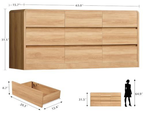 Image of TEENFON 9 Drawer Dresser for Bedroom, 63 inch Wide Dressers & Chest of Drawers with Curved Profile Design, Wood Closet Storage Dressers Organizer for Bedroom, Living Room, Natural