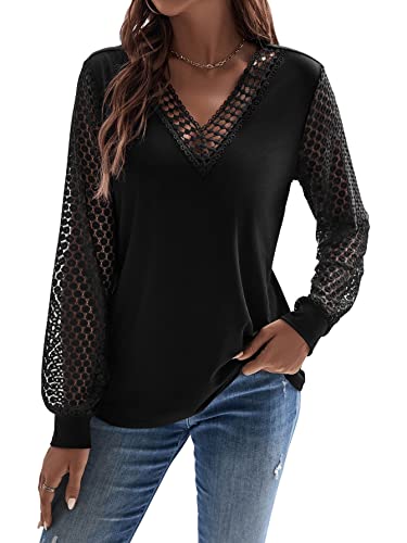 GORGLITTER Top de manga larga para mujer con mangas de encaje otoño camiseta de manga larga cuello en V tops de encaje elegante blusa, Schwarz, XL Cover